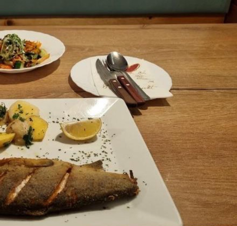 Fish dish photographed at Pizzeria Kegelbahn